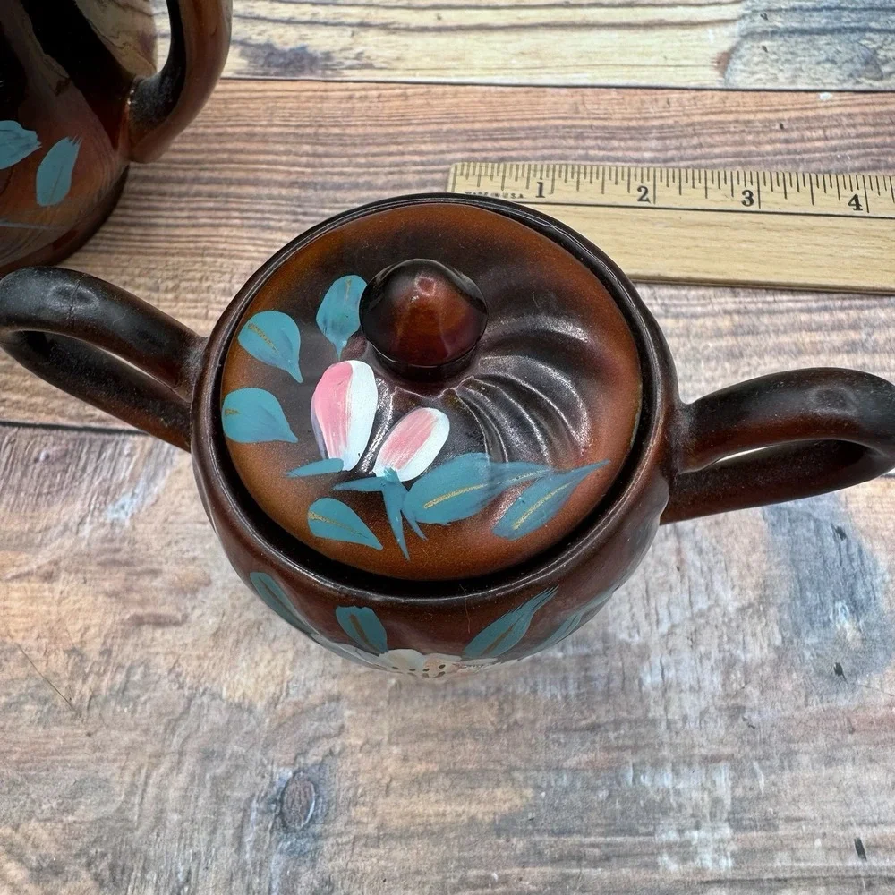 Vintage Japanese Moriage Redware Tea Set Floral 1940s Pottery Pot Creamer Sugar